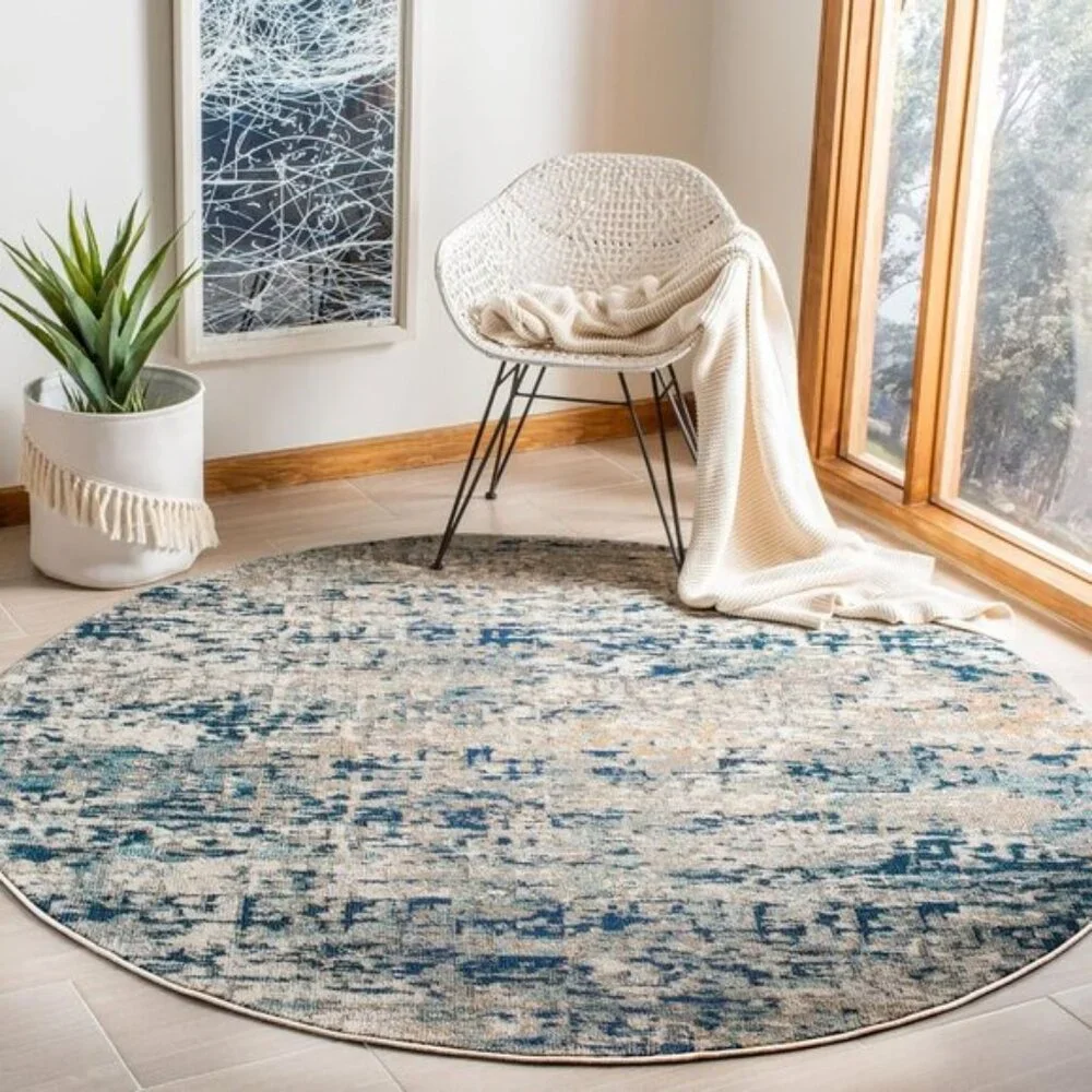 New 8ft Modern Abstract, Non-Shedding Grey, Blue Round Madison Area Rug for Home
